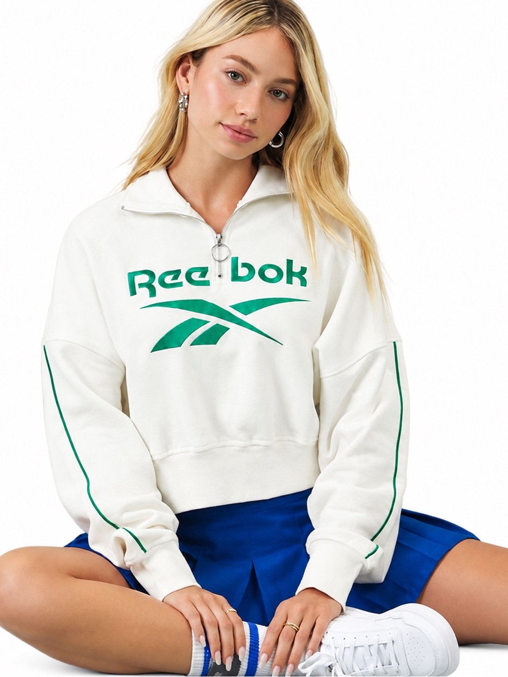 Reebok x Forever 21 Cropped Quarter Zip Sweatshirt Cream Green M